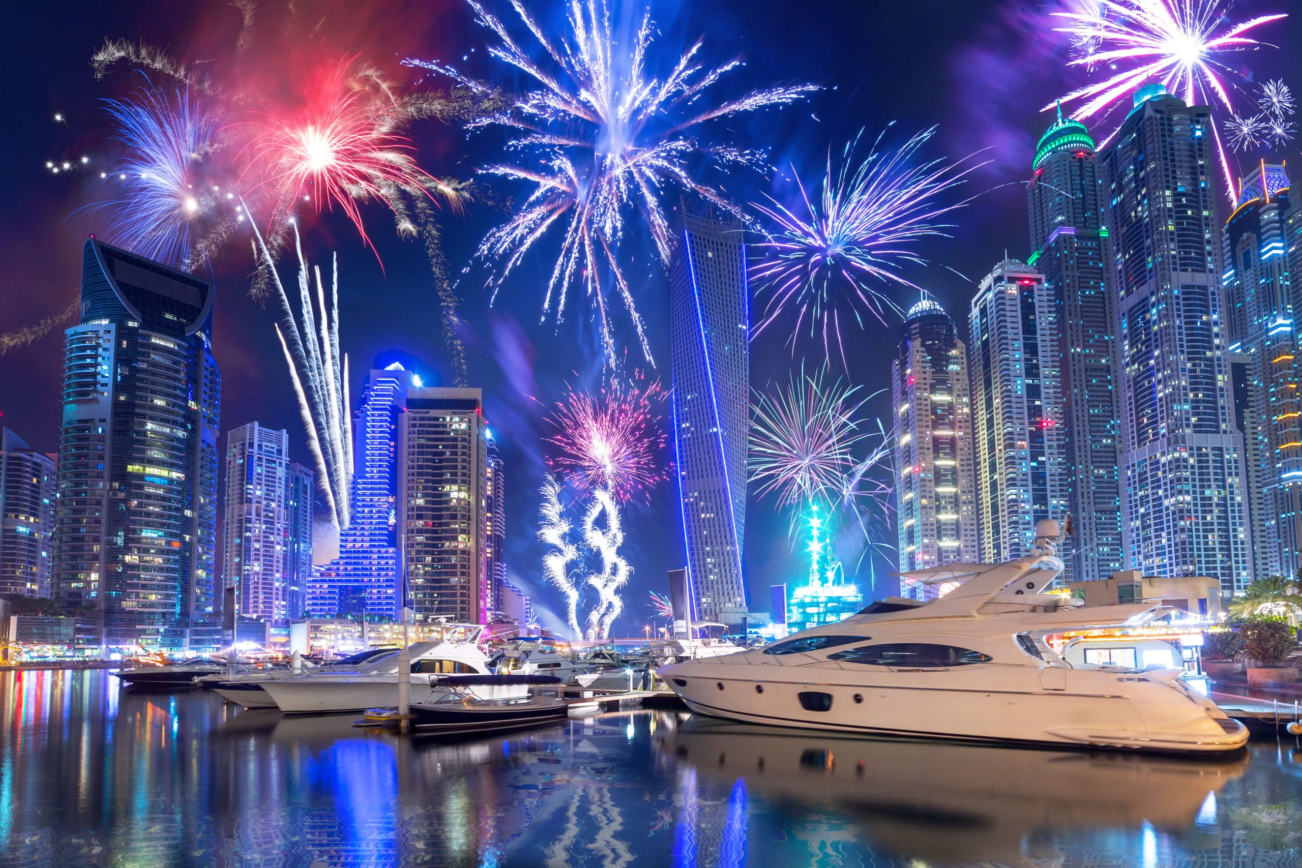 Luxury yacht rental for New Year's Eve celebration in Dubai Marina with fireworks view